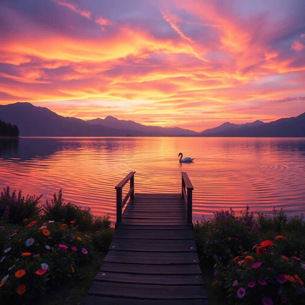 An elegant and serene scene depicting a tranquil lake at sunset, with soft ripples reflecting vibrant orange, pink, and purple hues in the sky