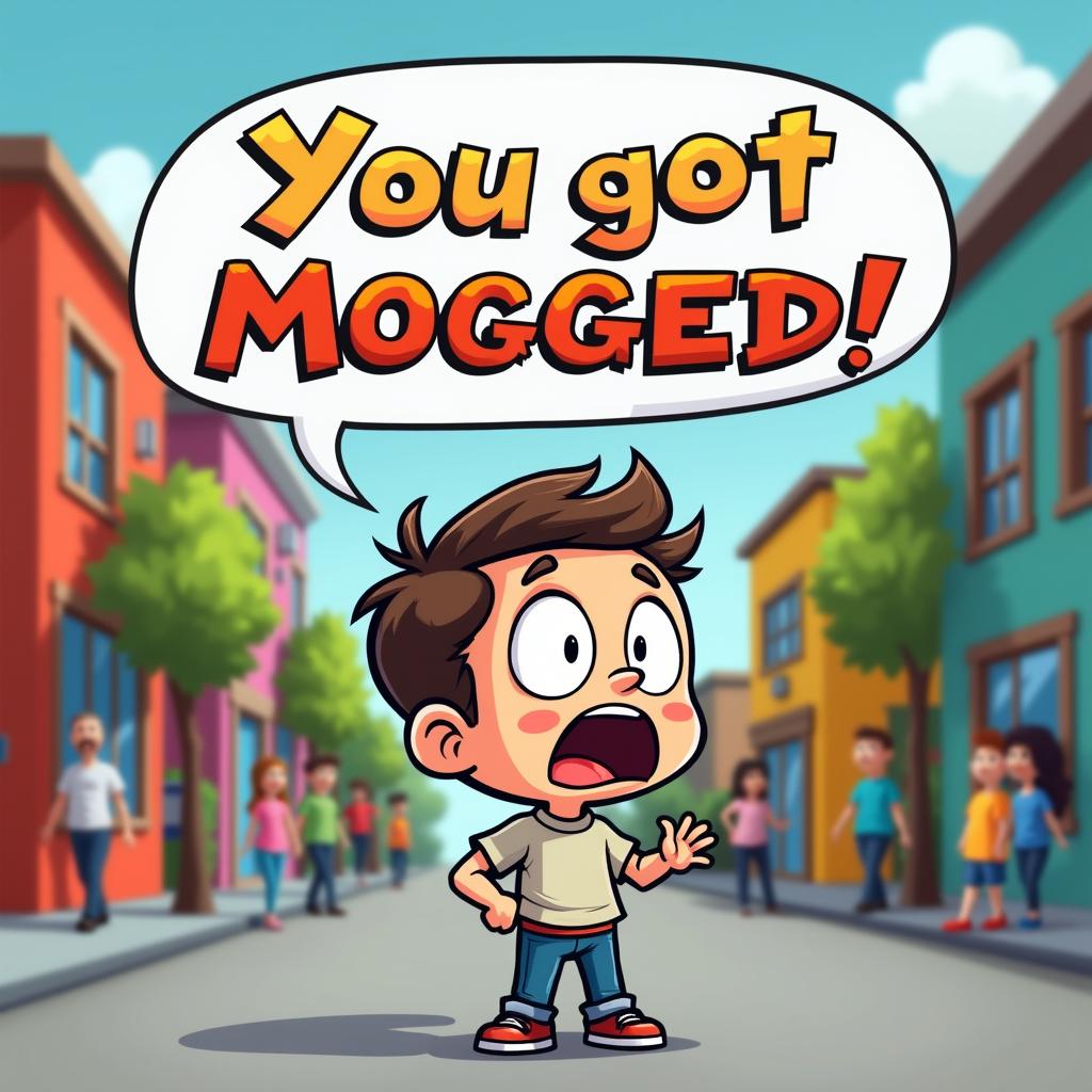 A humorous and playful illustration depicting a cartoon character with an exaggerated surprised expression, standing on a city street