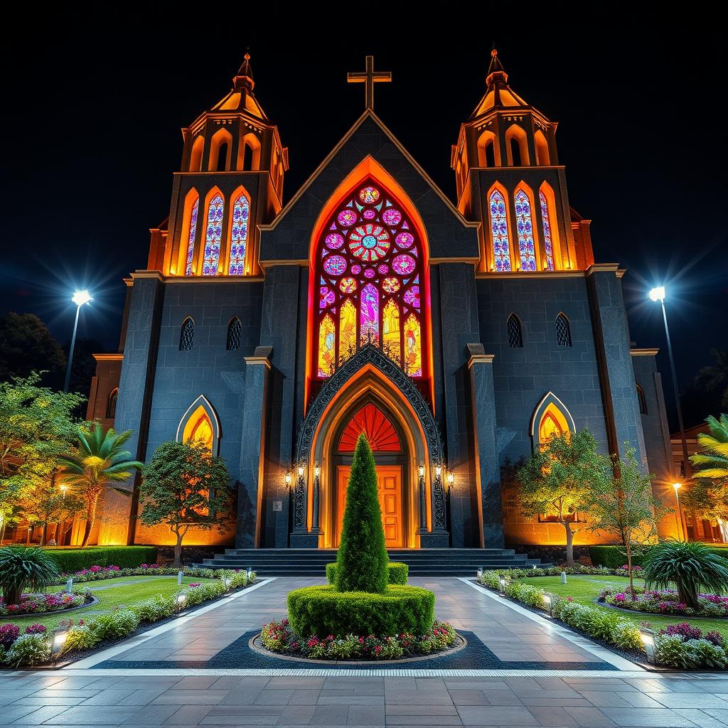 An exterior night scene of a stunning Roman Catholic church, showcasing futuristic Byzantine architecture