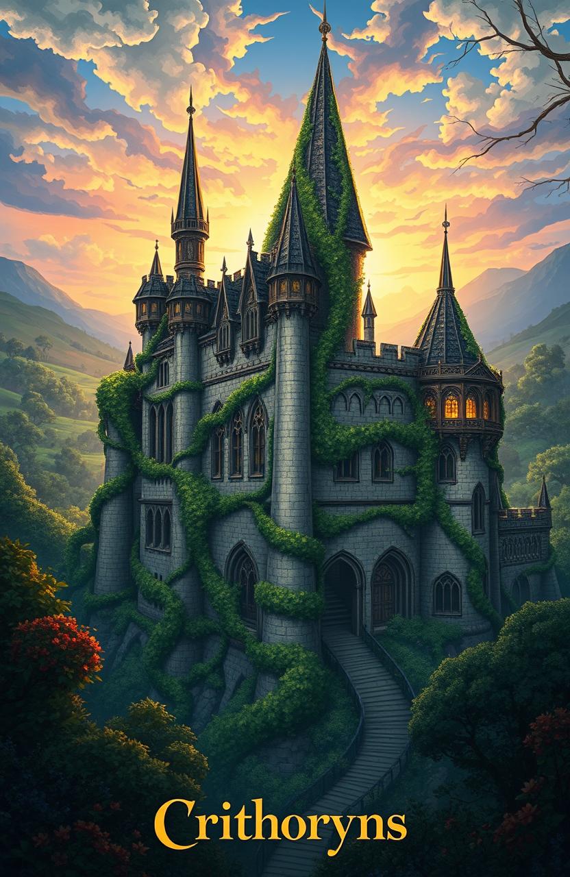 A stunning fantasy illustration of an old castle named Crithoryns, surrounded by lush, wrapping plants and vines