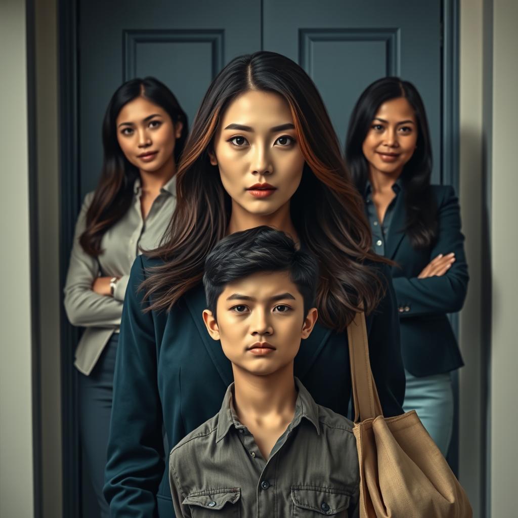In a semi-realistic and modern dramatic composition, the main character, a stunning woman (Putri Boss) is positioned in the center