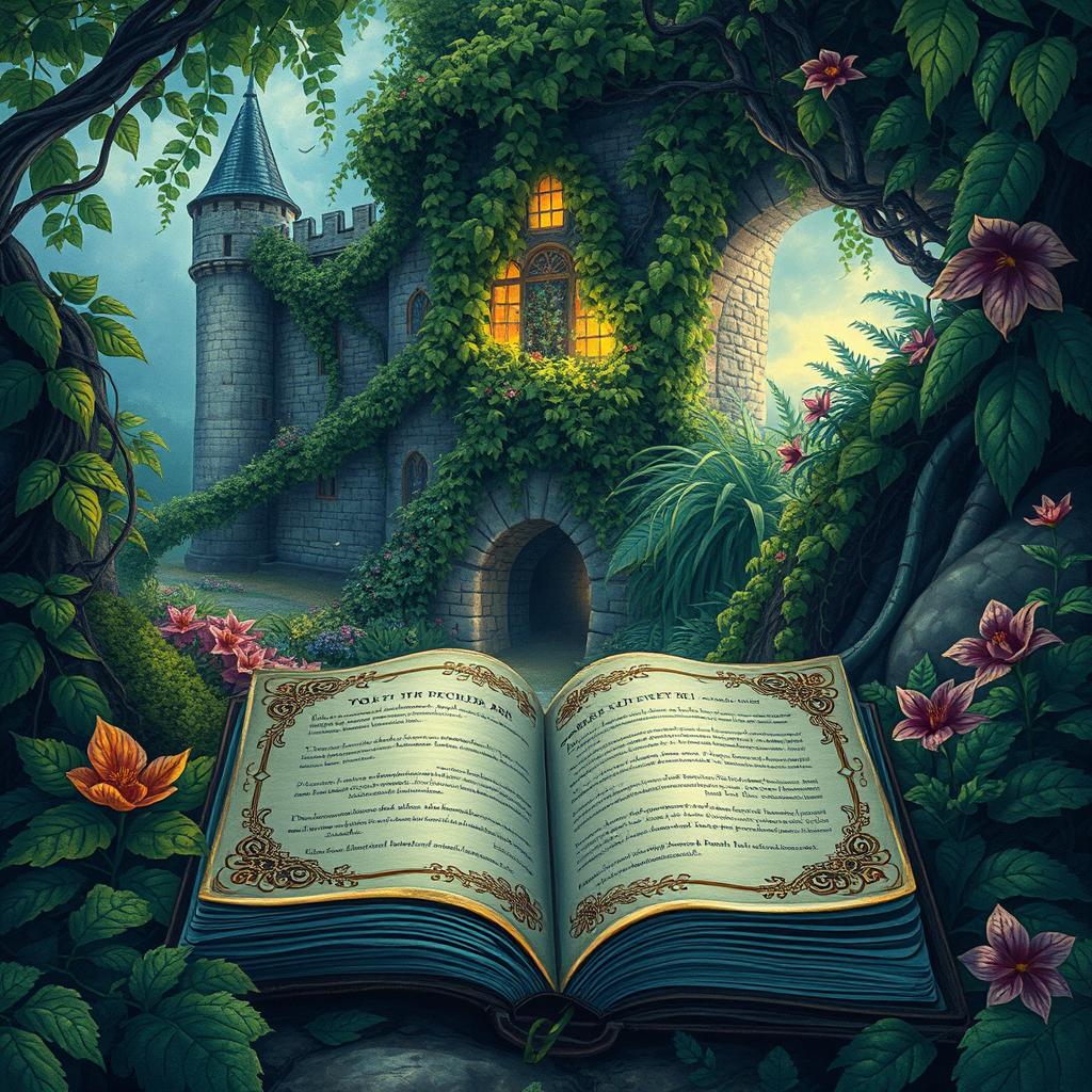 An enchanting illustration of an old castle enveloped in lush, wrapping plants and vines, showcasing its ancient stone structure