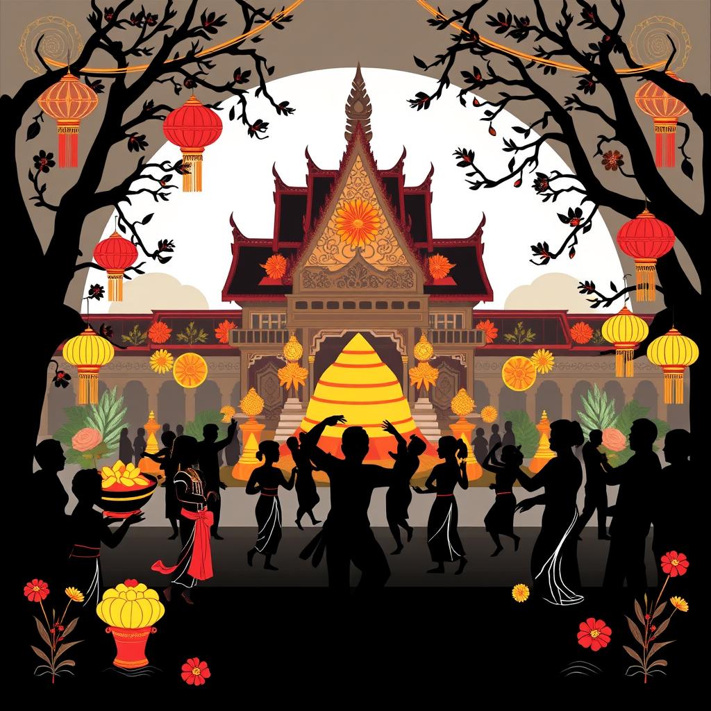 A detailed black vector graphic design representing Khmer New Year, featuring traditional symbols such as a rice cake (num ansom), colorful floral decorations, and traditional dance figures in festive attire