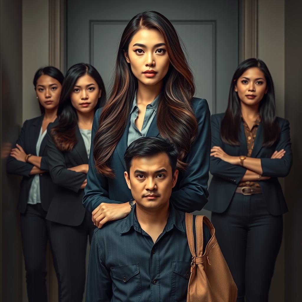In a semi-realistic and modern dramatic composition, the main character, a beautiful woman (Putri Boss), stands in the center