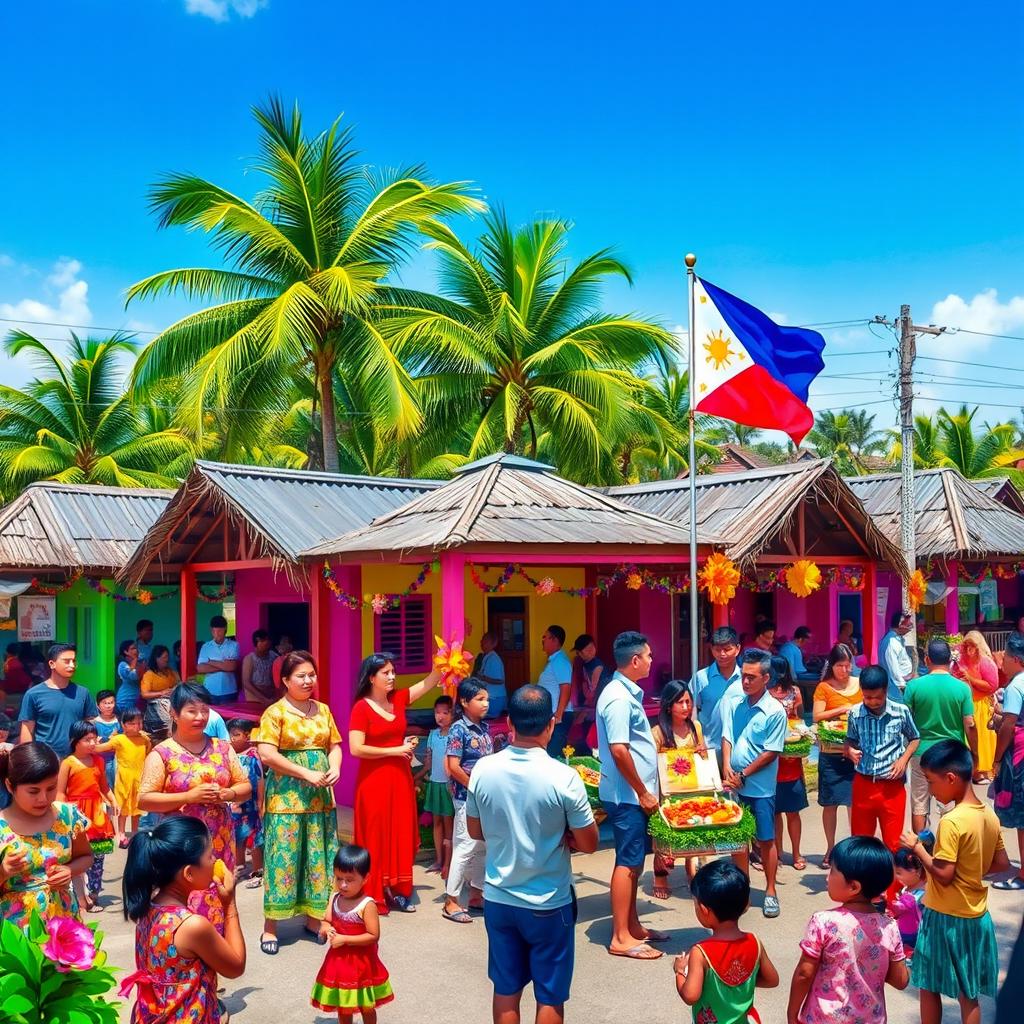 A vibrant and lively Filipino barangay scene showcasing a community gathering