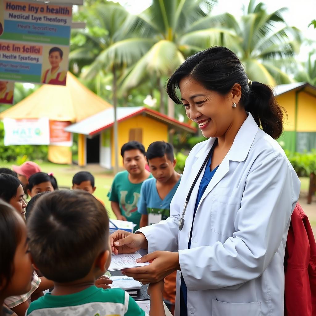 A Filipino pharmacist assisting in a community medical mission in a barangay setting