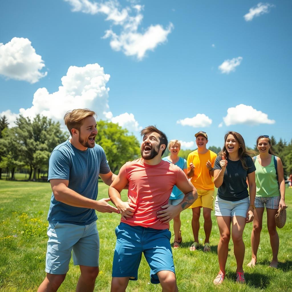 A humorous and playful scene depicting a group of friends at a park enjoying a sunny day
