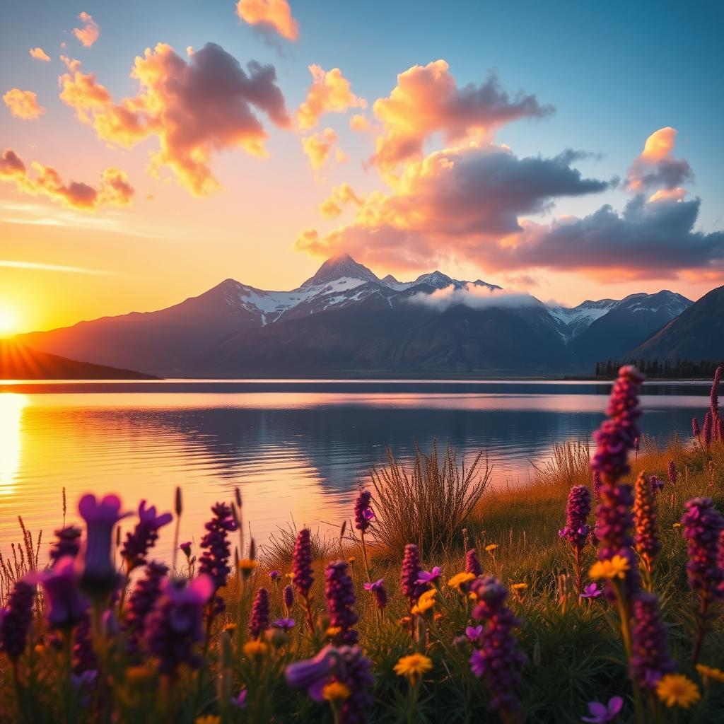 A beautifully edited image, showcasing a vibrant sunset over a serene lake, with colorful reflections on the water's surface