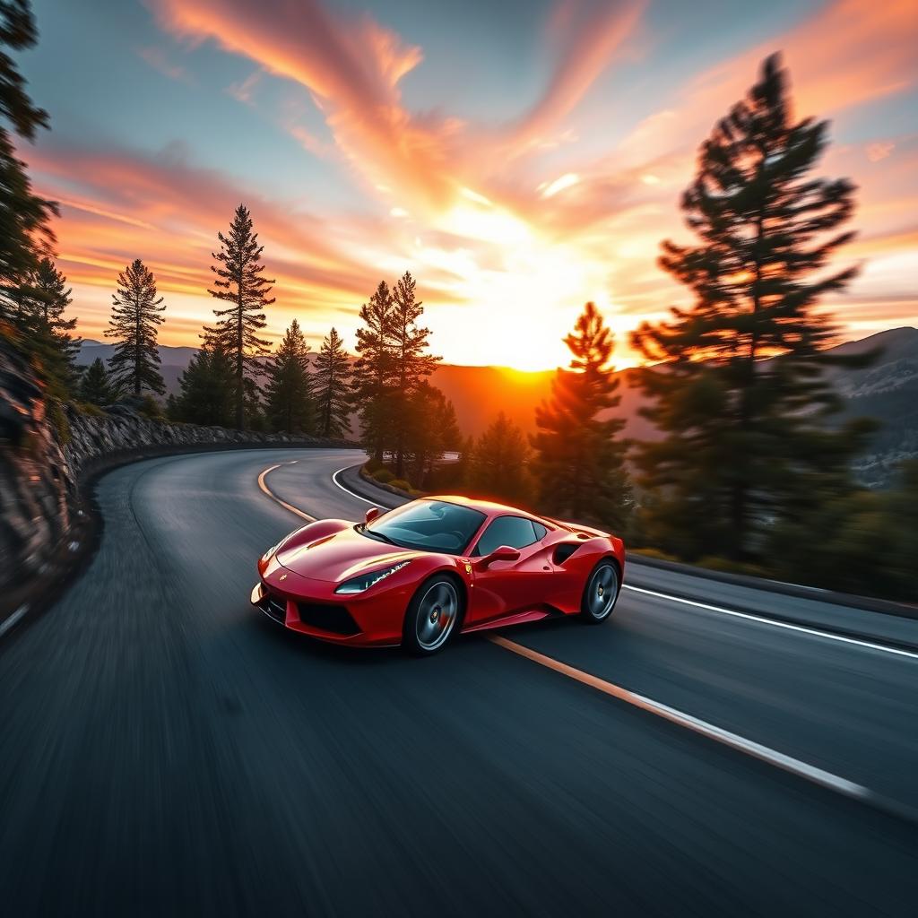 A sleek sports car racing down a winding mountain road during sunset, the golden sun illuminating the curves of the landscape