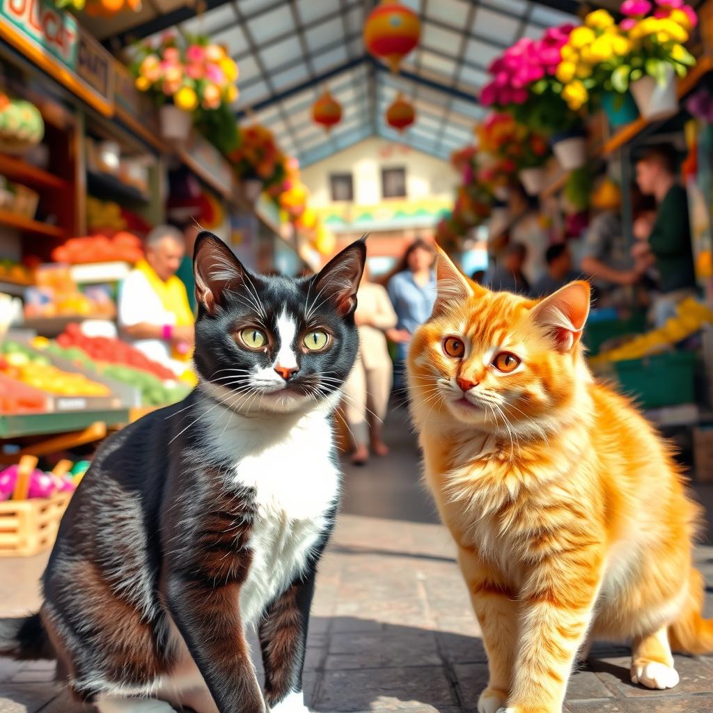 A lively and vibrant scene in a bustling market filled with colorful stalls and lively shoppers