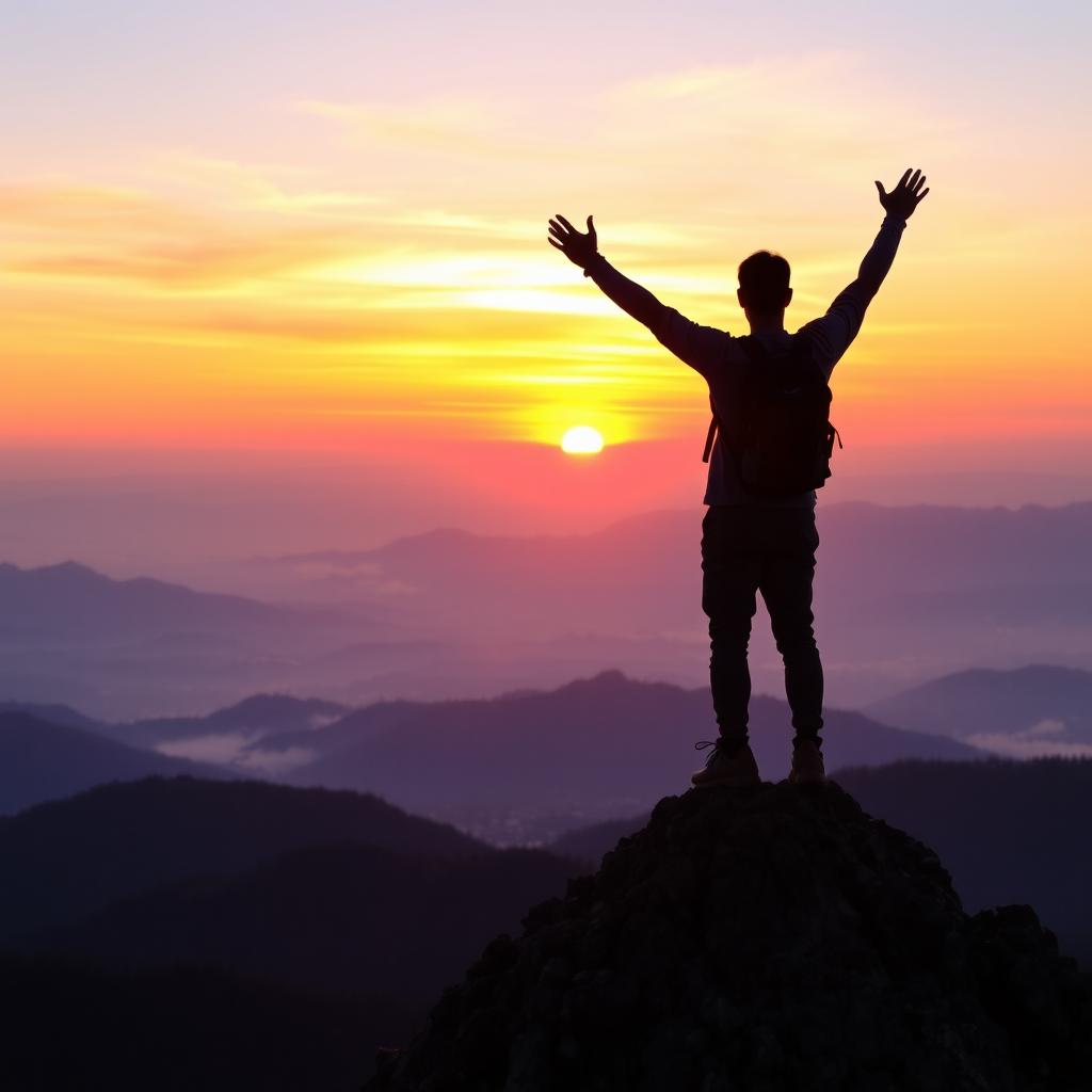 A solitary man standing triumphantly atop a breathtaking mountain peak during a stunning sunrise