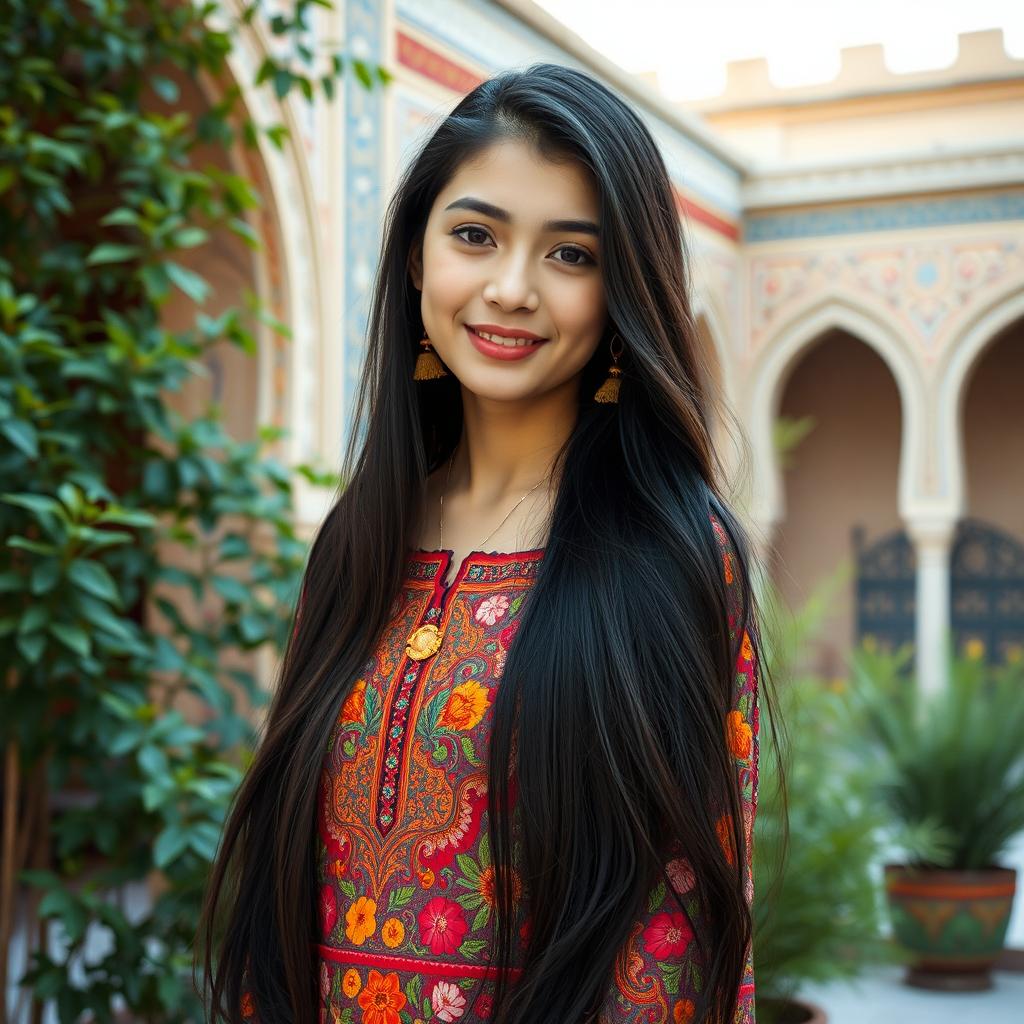 A beautiful Iranian girl with long, flowing black hair adorned with traditional ornaments