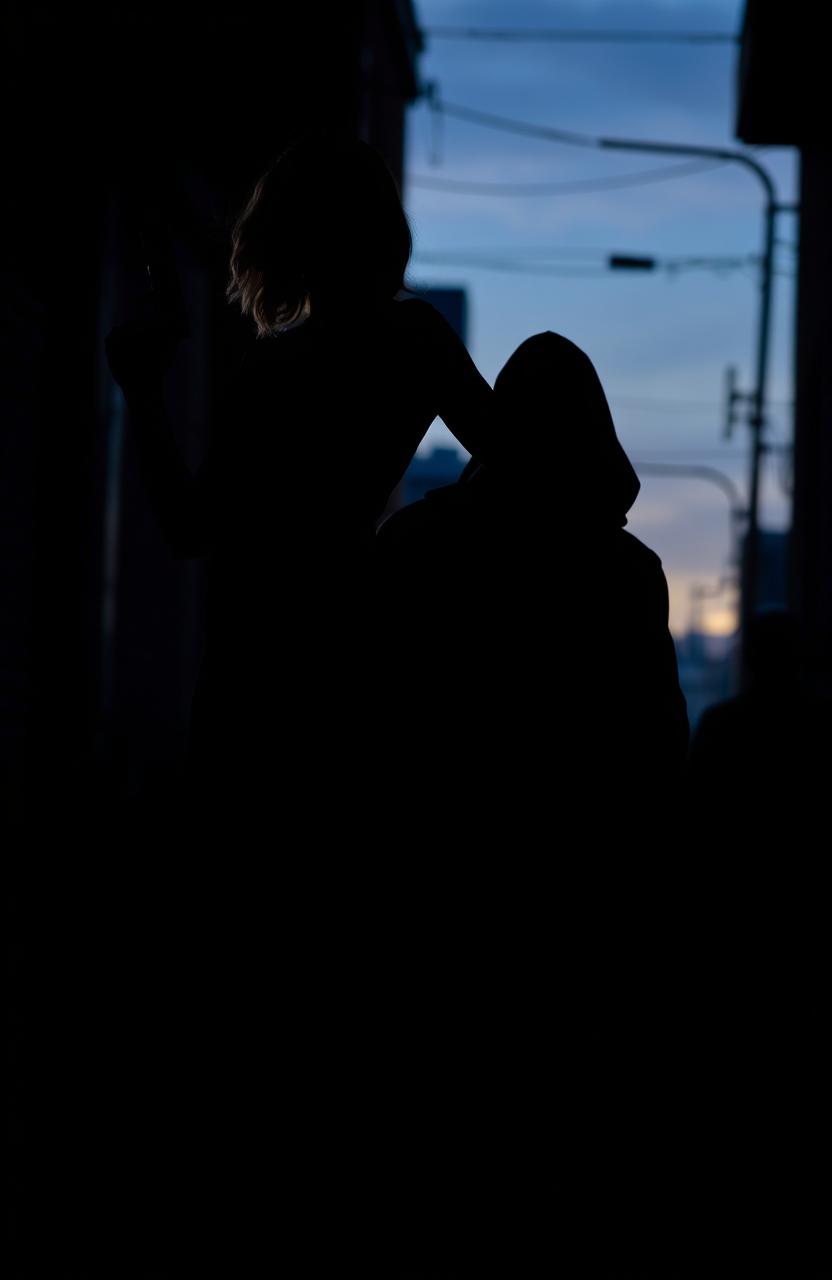 A dramatic silhouette scene featuring a woman holding a gun confidently, standing strong with assertive posture