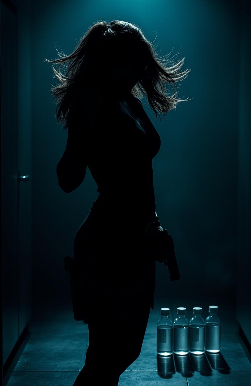 A dramatic silhouette of a woman stealthily stealing vials of serum from a dimly lit laboratory, holding a gun firmly in her hand