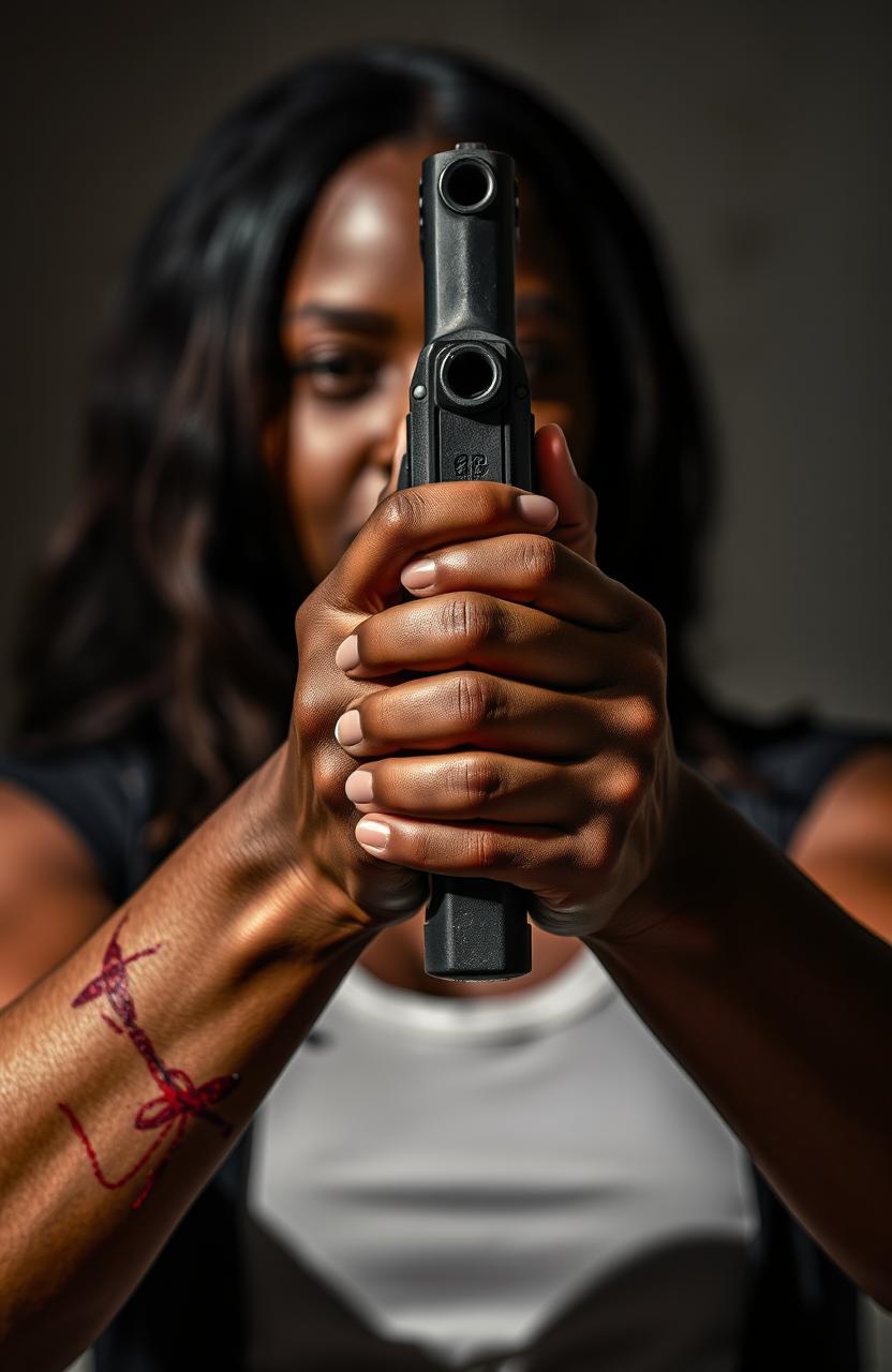 A powerful image of a Black woman holding a gun, her hands gripping the weapon tightly