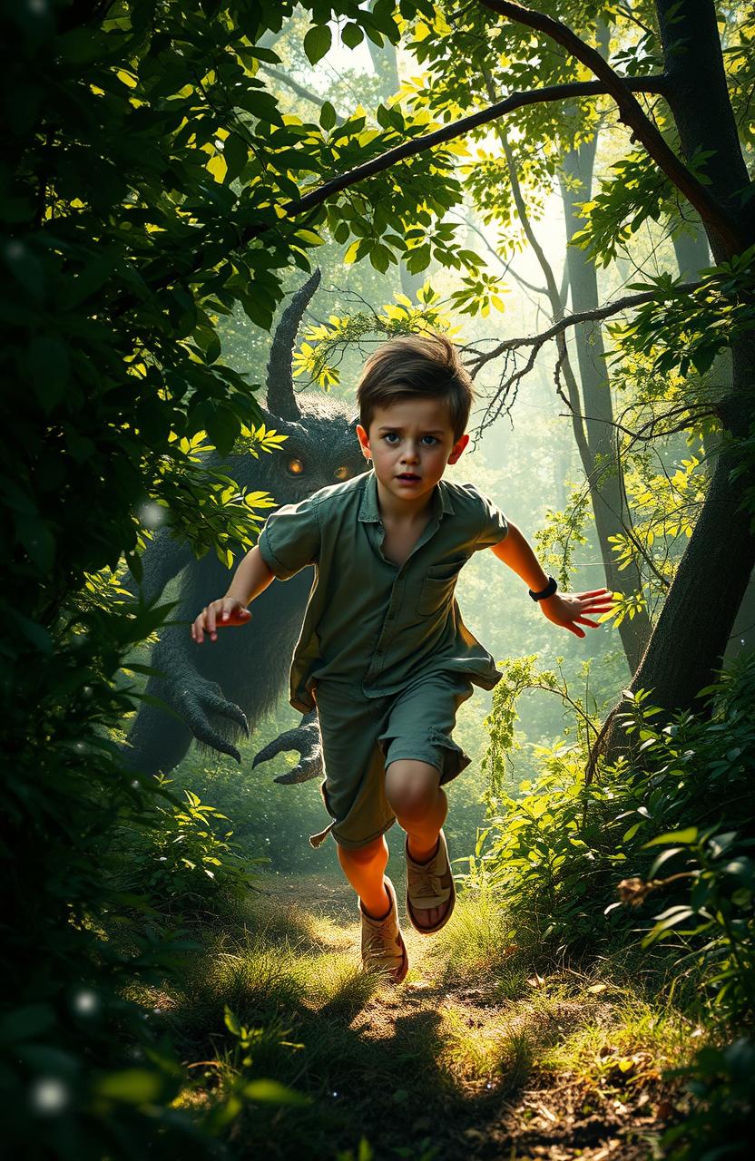 A young boy sprinting through a lush green forest, his expression a mix of fear and determination as he flees from a fearsome mythical woodland monster