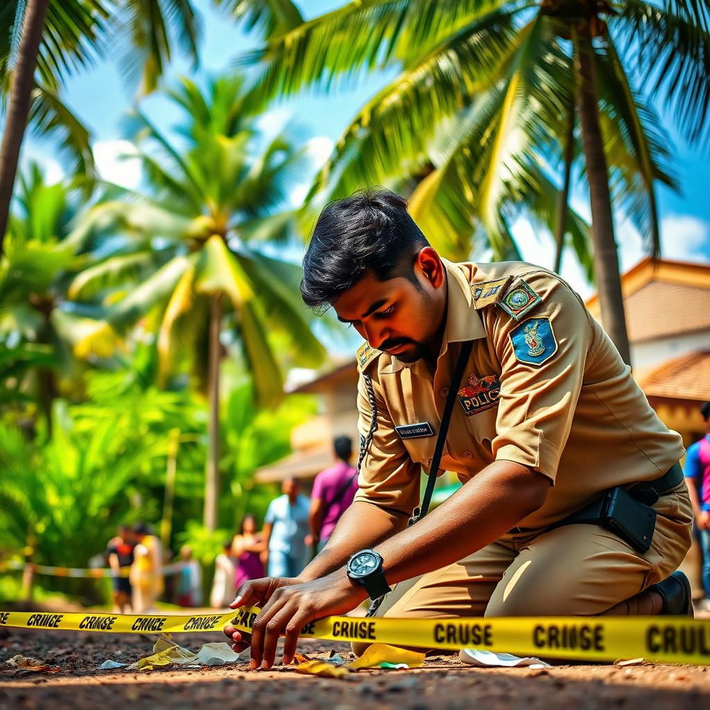 A Kerala police officer diligently investigating a crime scene in a lush green, vibrant environment typical of Kerala