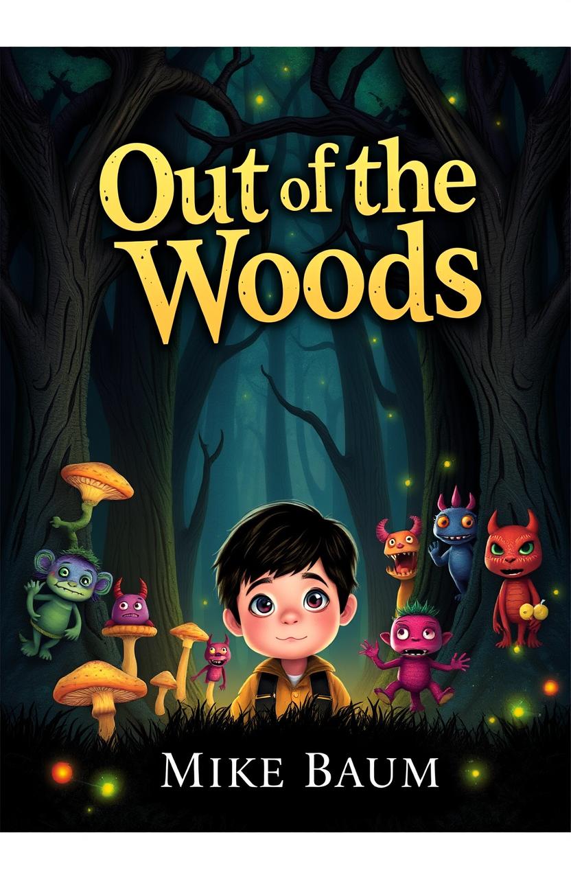 A captivating book cover for 'Out of the Woods' by Mike Baum, featuring a young boy with wide eyes, standing at the edge of a dark, enchanted forest