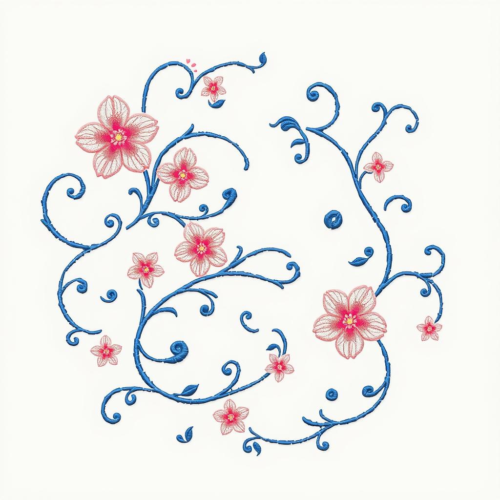 A flat (2D) embroidery design suitable for a 20x20 cm area, featuring elegant swirling vines intertwined with delicate floral elements