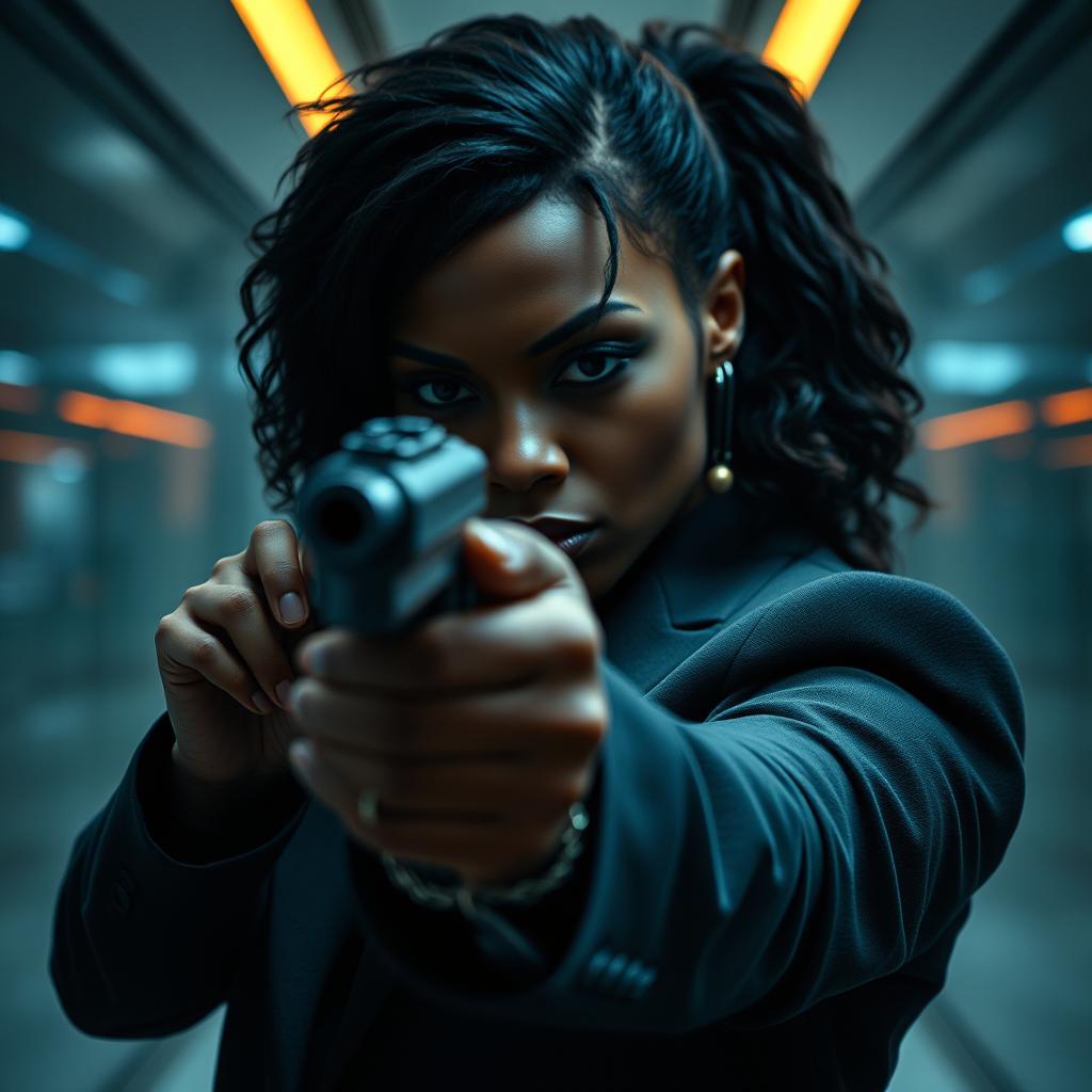 An intense image of a Black woman holding a gun, positioned confidently as an agent for a spy company