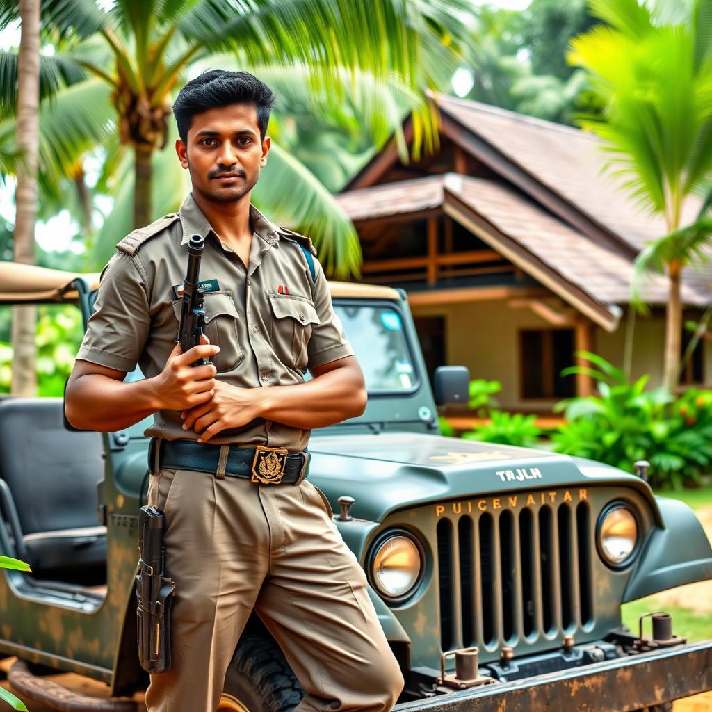 A young, healthy Kerala policeman confidently stands next to a rugged jeep, showcasing his strong physique