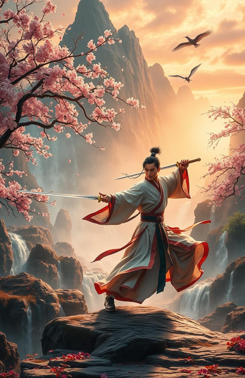 A breathtaking wuxia martial arts scene set in a mystical landscape with soaring mountains and flowing waterfalls