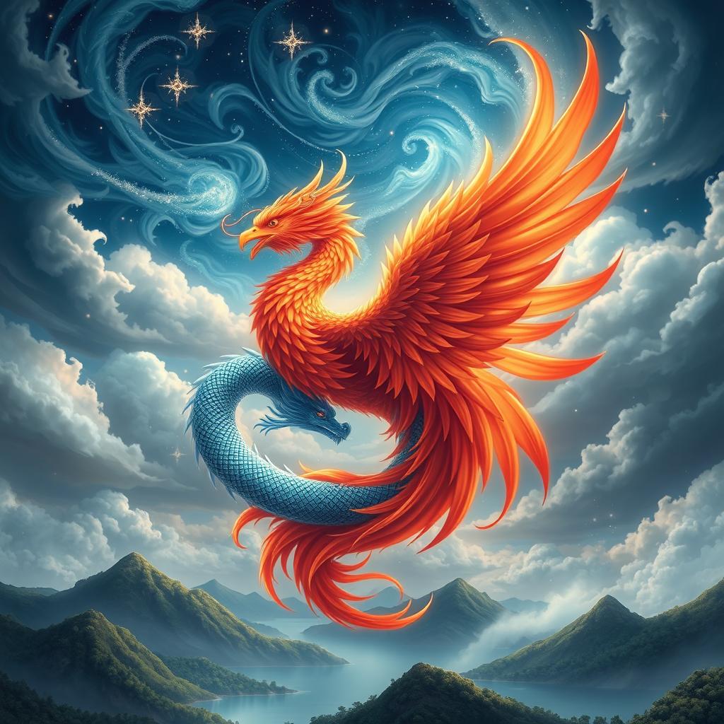 A majestic scene depicting a celestial phoenix and an azure dragon entwined in a dramatic sky filled with swirling clouds and shimmering stars