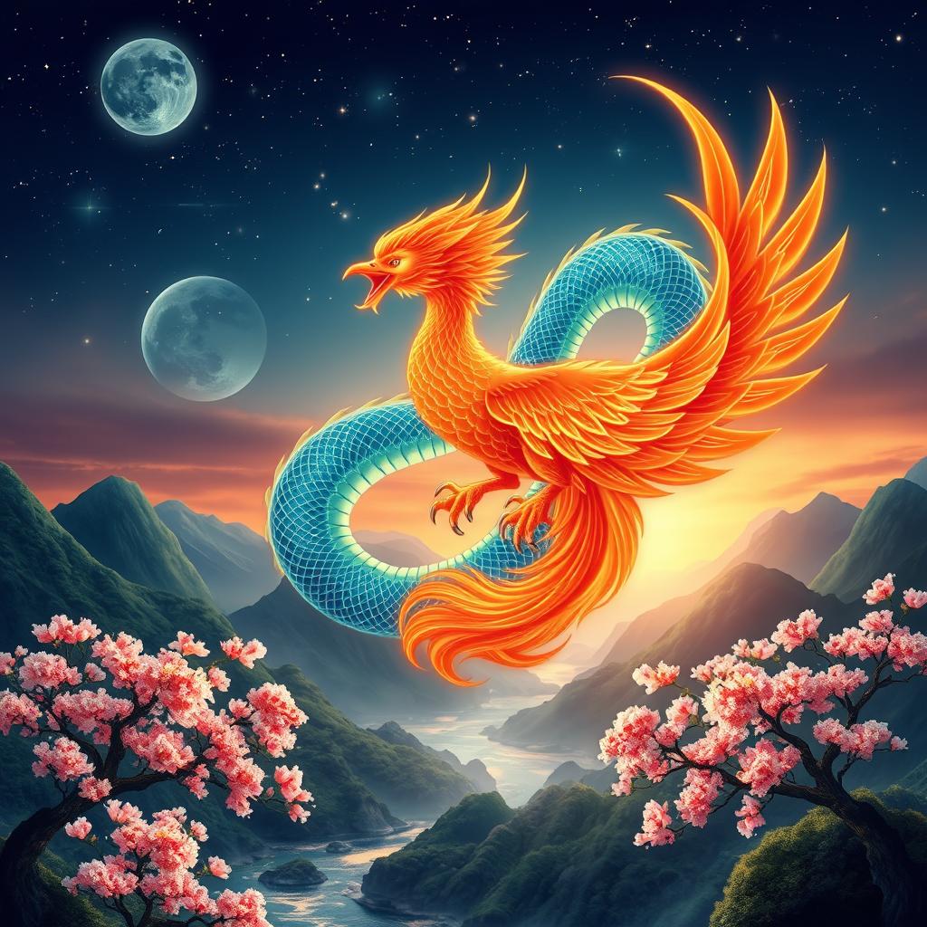 A stunning visual representation of a legendary wuxia scene featuring a celestial phoenix and an azure dragon