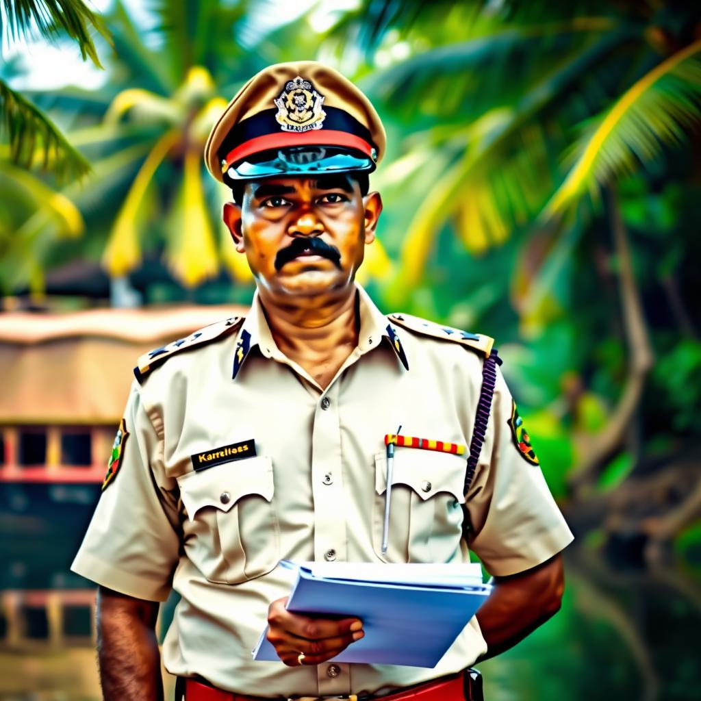 A Kerala police inspector, standing confidently in a traditional Indian police uniform with a badge prominently displayed, set against a backdrop of lush Kerala backwaters and palm trees