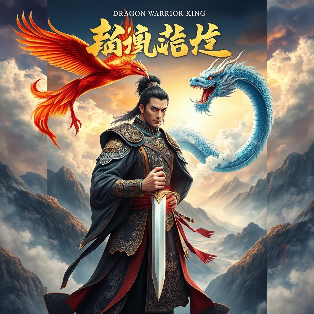 A captivating book cover for the wuxia novel "Dragon Warrior King", featuring an epic scene inspired by Chinese legends