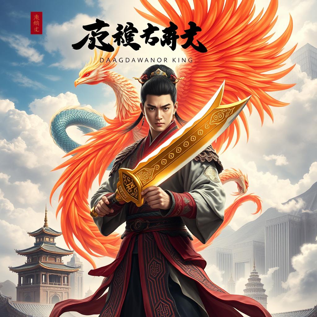 A stunning book cover for the wuxia novel "Dragon Warrior King", illustrating a unique world that blends ancient and modern China