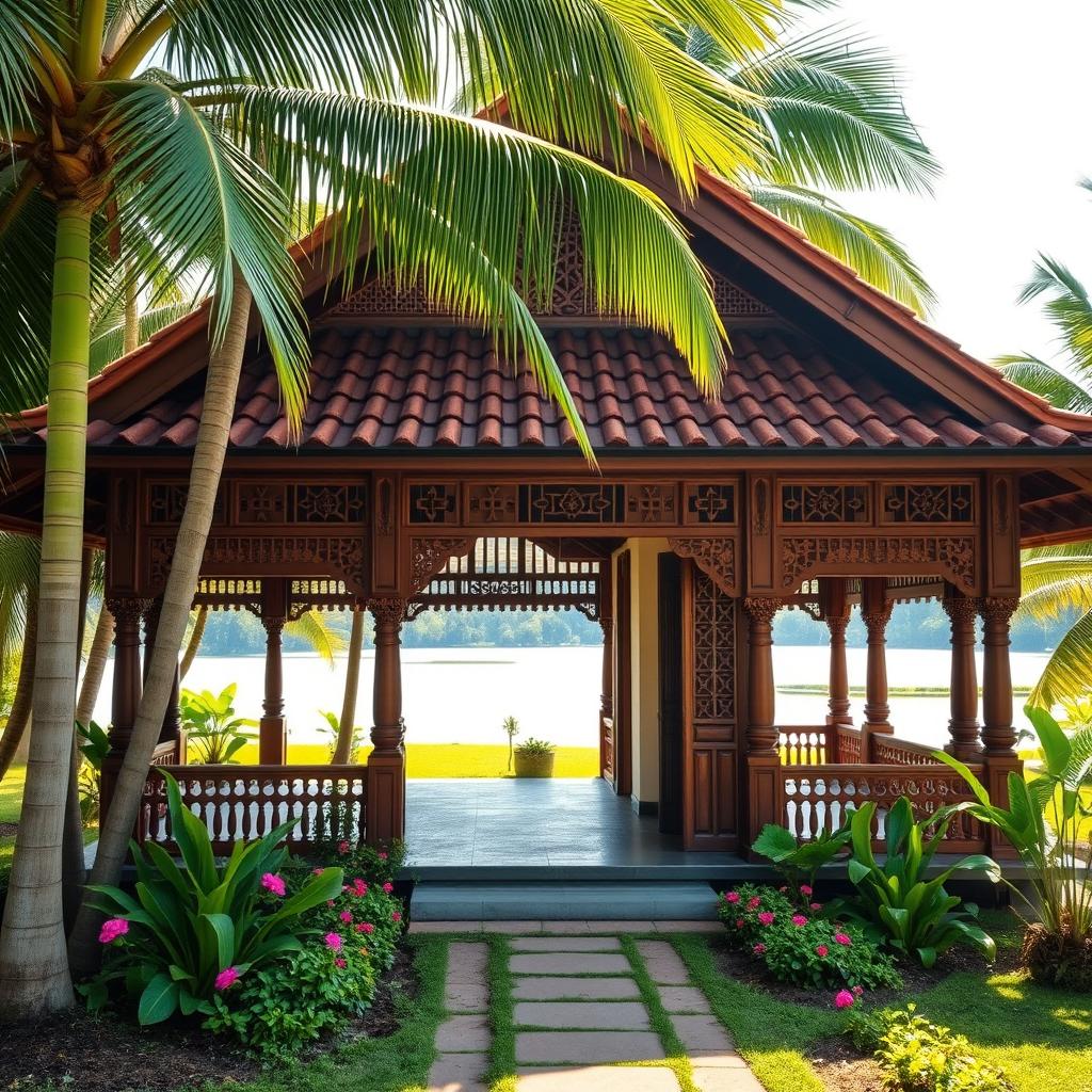 A traditional Kerala house set against a lush green backdrop
