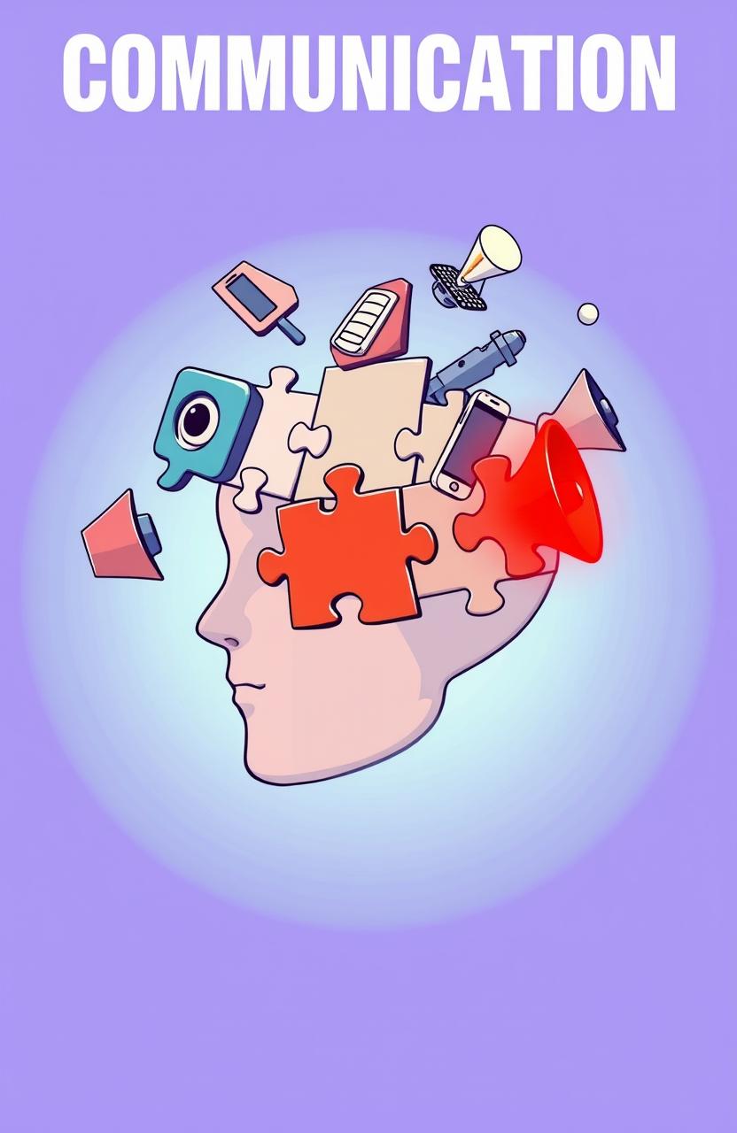 A surreal illustrated book cover design featuring a human face made of floating puzzle pieces, where each piece symbolizes different communication forms such as a speech bubble, an ear, an eye, a smartphone, a satellite dish, and a megaphone