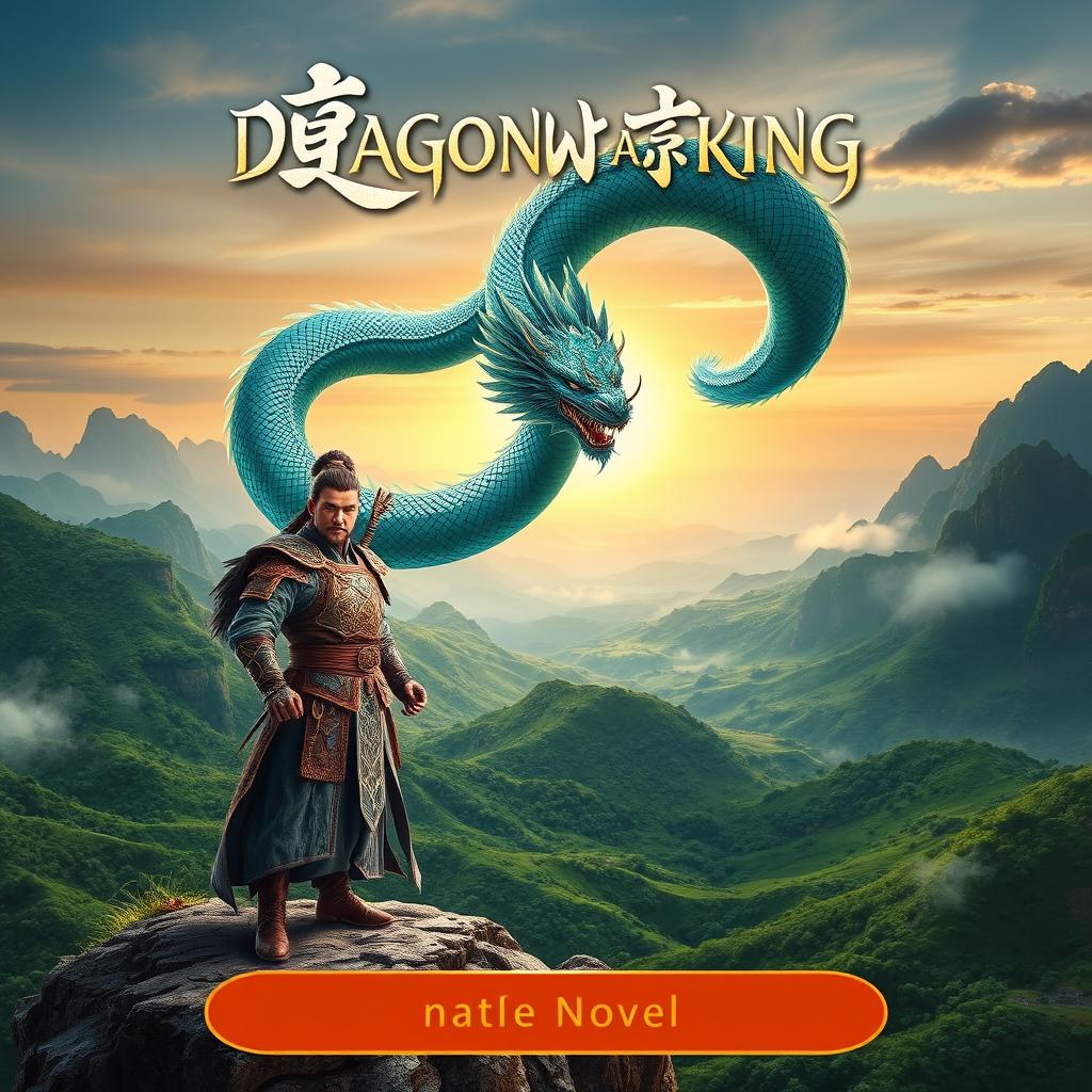 A dramatic book cover for the wuxia novel "Dragon Warrior King", featuring the protagonist, a strong and noble-looking warrior dressed in traditional ornate armor, standing heroically on the edge of a cliff overlooking a vast, lush green valley