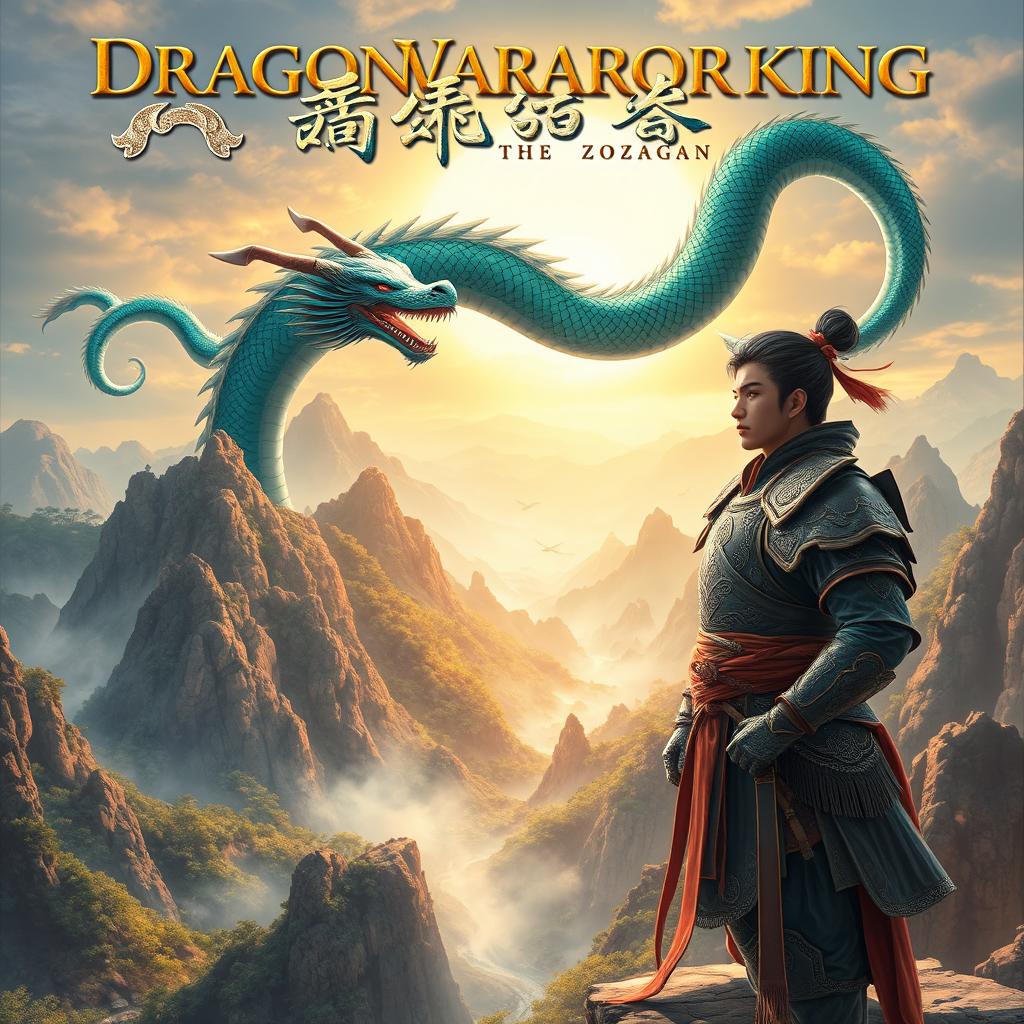 A captivating book cover for the wuxia novel "Dragon Warrior King", showcasing the 24-year-old protagonist, a valiant young warrior with a strong, determined expression, dressed in intricately designed traditional Chinese armor with elegant details