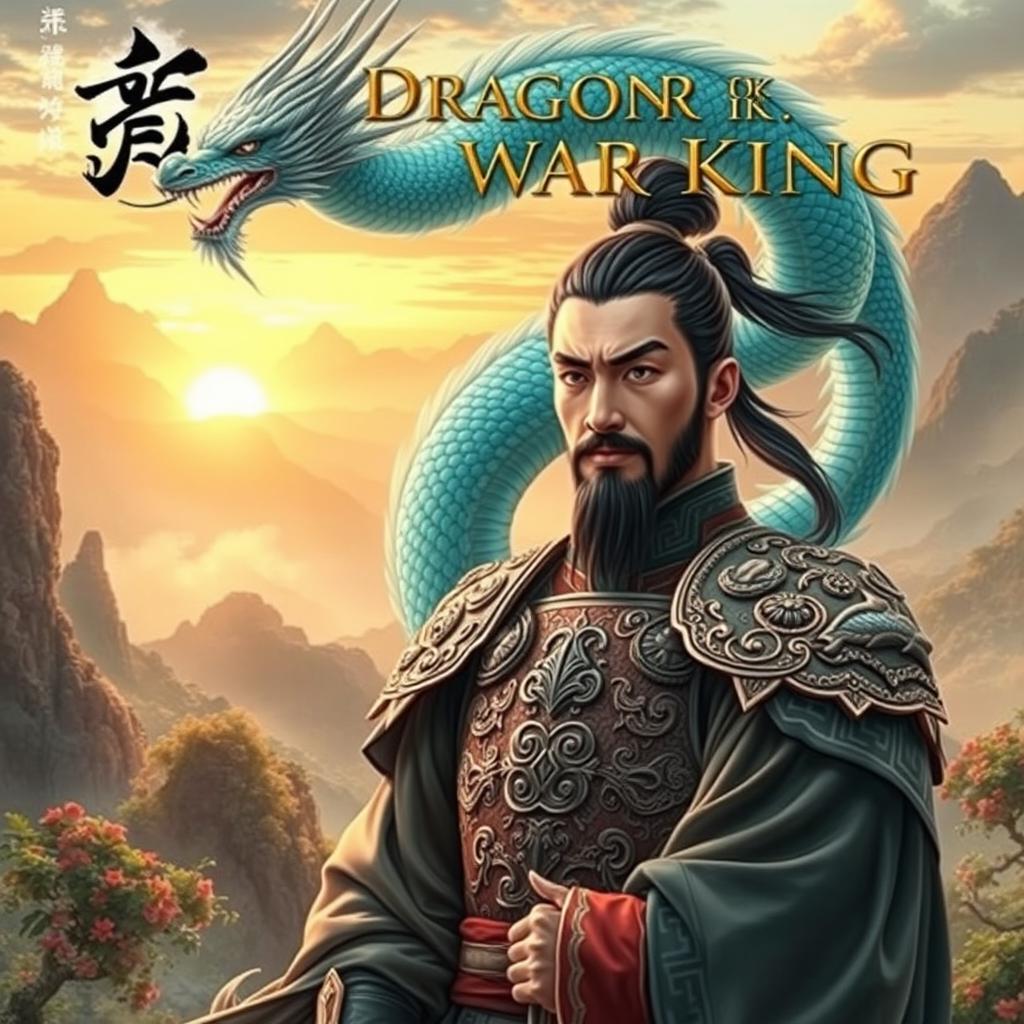 An enchanting book cover for the wuxia novel "Dragon Warrior King", featuring a heroic protagonist with a strong build and a determined expression, adorned in exquisite traditional Chinese armor that embodies the essence of a legendary warrior
