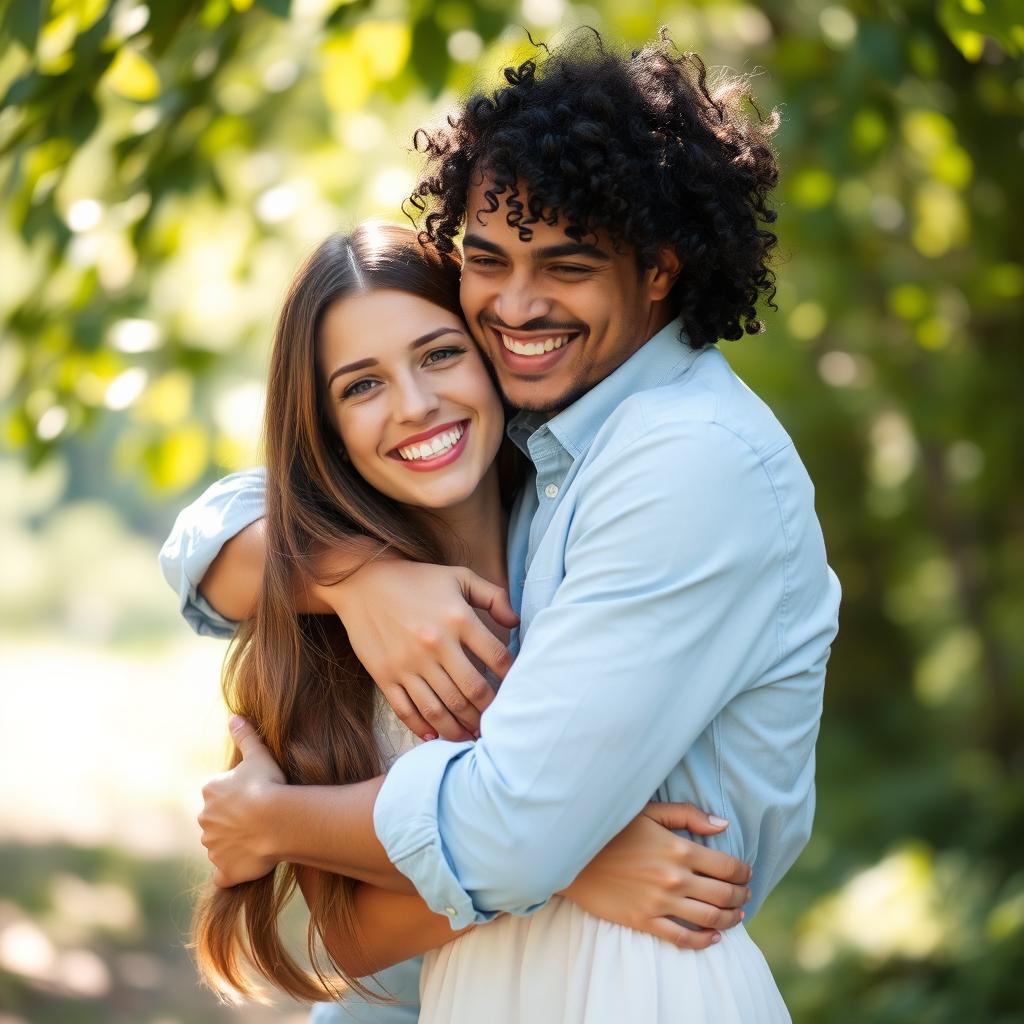 A cozy scene of two people embracing each other warmly in a natural outdoor setting, surrounded by greenery and soft sunlight filtering through the trees