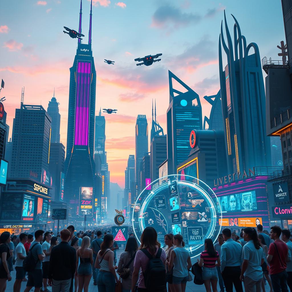 A futuristic sci-fi city at dusk, with towering skyscrapers bathed in neon lights, featuring flying cars zipping through the air