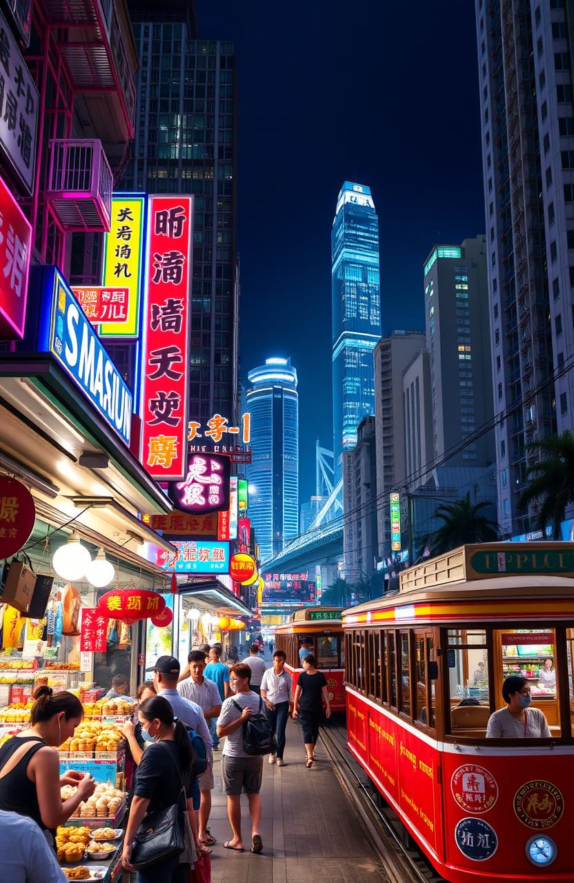 A vibrant and dynamic depiction of the lifestyle in Hong Kong, showcasing a bustling street market filled with colorful stalls, local people engaging in daily activities, and towering skyscrapers in the backdrop
