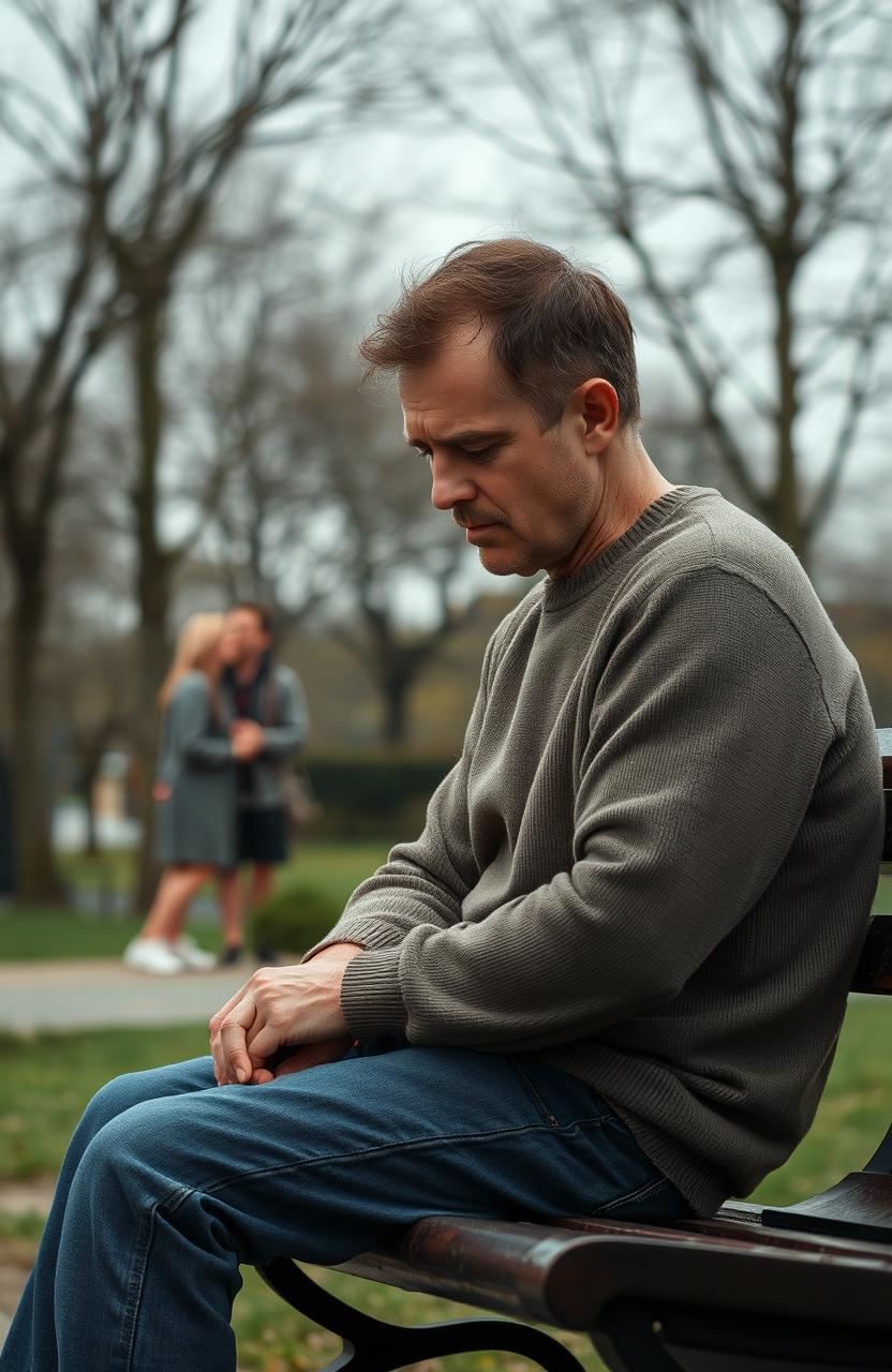 A somber and reflective scene of a middle-aged man sitting alone on a park bench with his head down, looking defeated and lost in thought