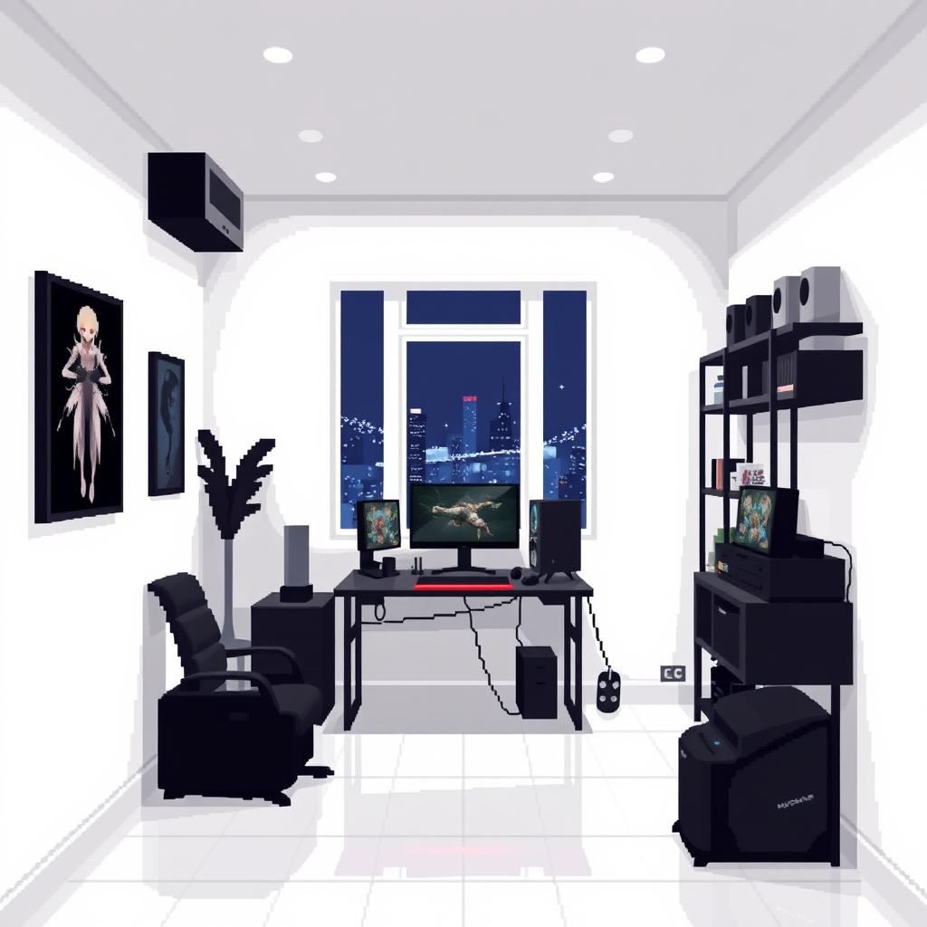 A pixel art representation of a room painted in opaque white