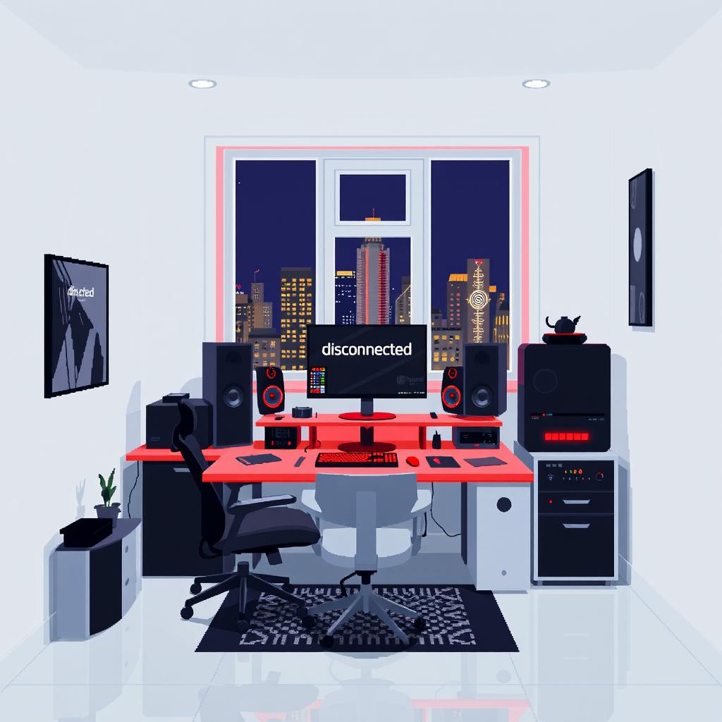 A pixel art representation of a room painted in opaque white, featuring a central gamer setup