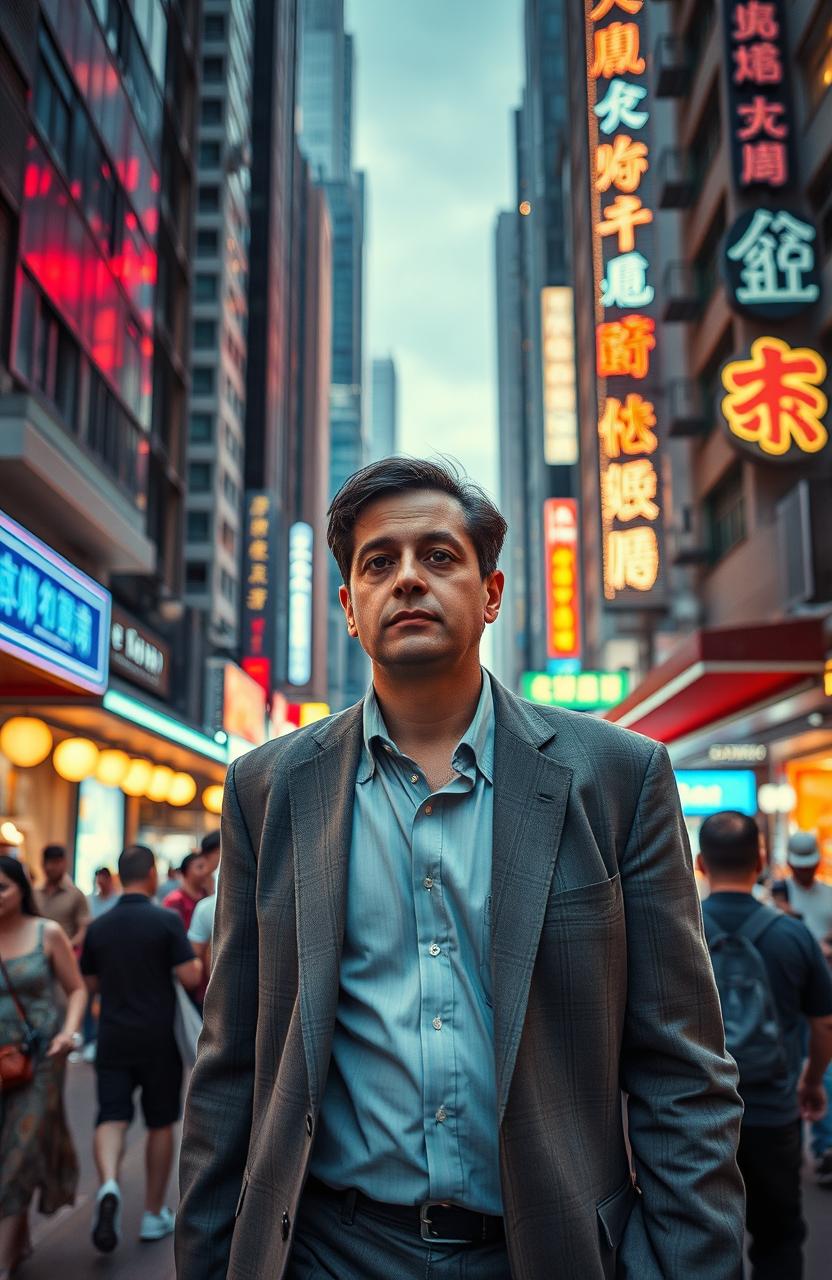 A melancholic man walking through the bustling streets of Hong Kong, surrounded by neon lights and towering skyscrapers, reflecting a busy lifestyle