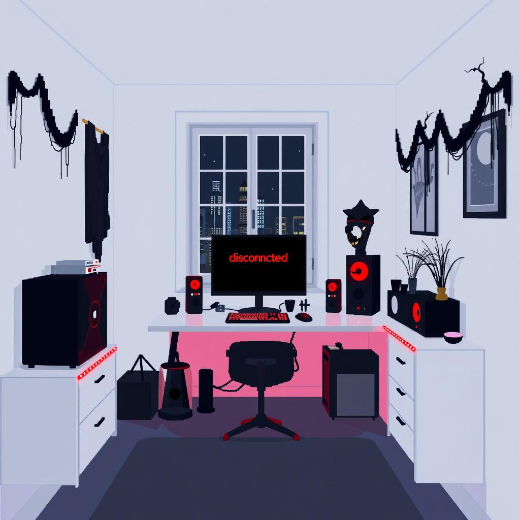 An eerie pixel art scene of a room at night, painted in opaque white