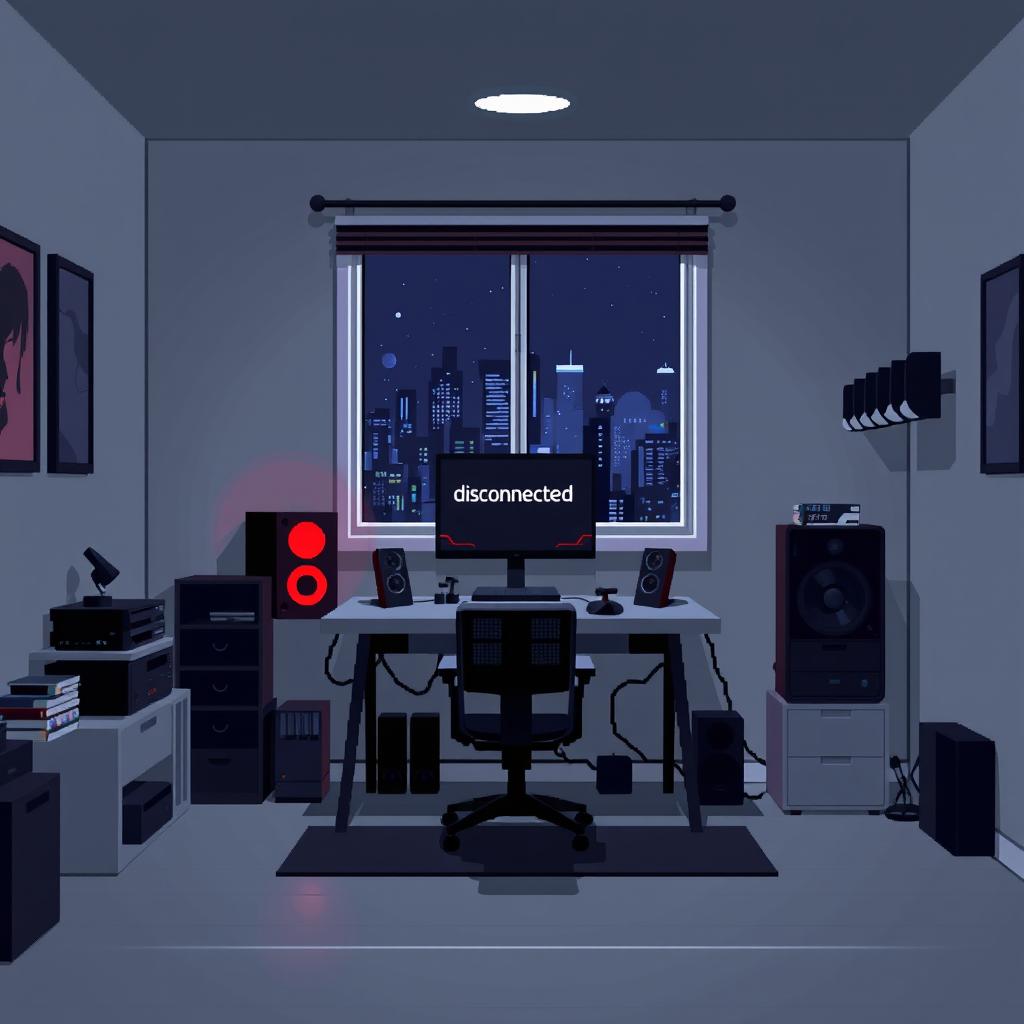 A pixel art scene of a gaming setup in a light gray room at night