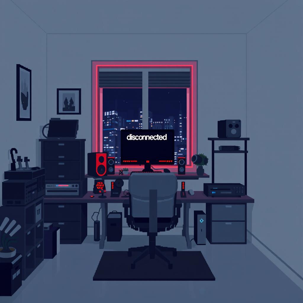 A close-up pixel art scene of a gaming setup in a very light gray room at night