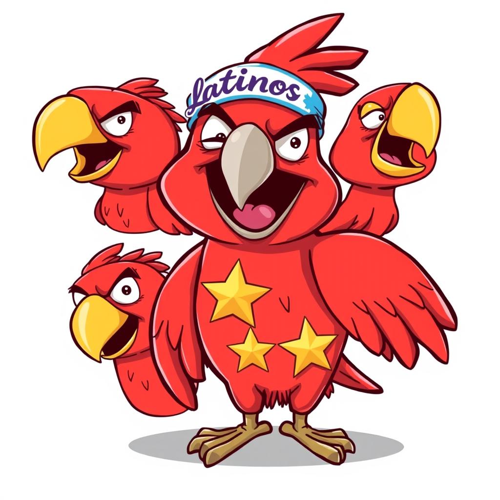 A cartoonish red parrot with a headband reading 'Latinos' and a star on its chest