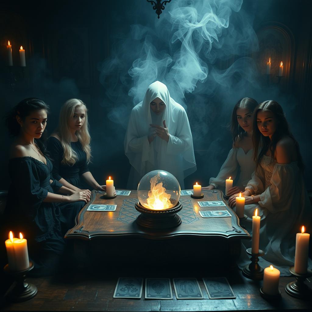 A mystical séance scene set in a dimly lit room with flickering candles, an ornate wooden table surrounded by five diverse participants of various ethnicities