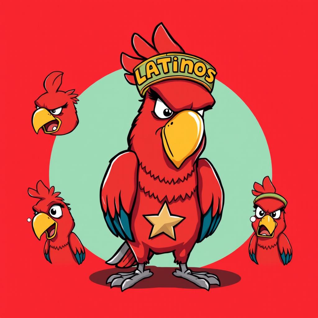 A cartoonish red parrot sporting a headband that reads 'Latinos' in bold letters, featuring a prominent star on its chest