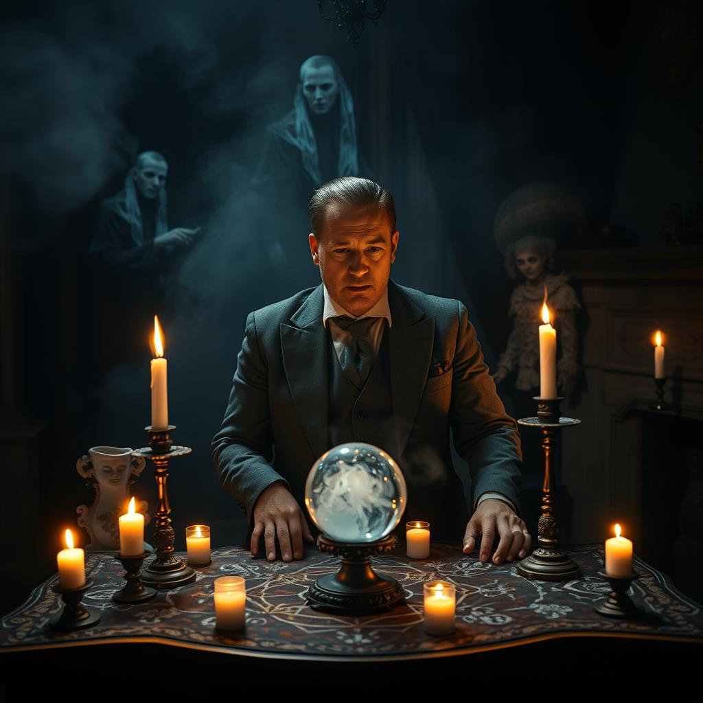 A man conducting a séance, surrounded by flickering candles that cast dancing shadows on the walls of an old, dimly lit room